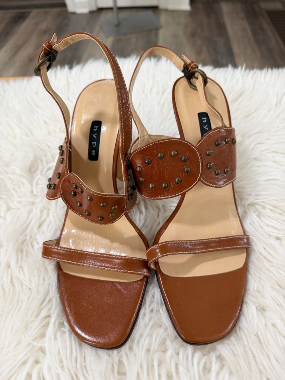 Hype Cognac Brown Studded Leather Slingback Heels Size 8.5